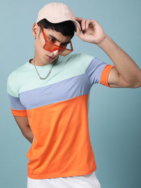 Men Orange Multicolor Horizontal Striped Casual T-Shirt