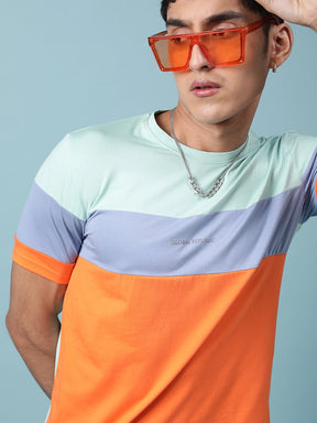 Men Orange Multicolor Horizontal Striped Casual T-Shirt