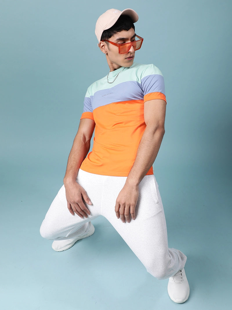 Men Orange Multicolor Horizontal Striped Casual T-Shirt