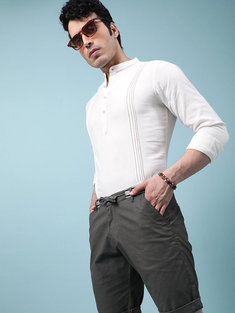 Men Straight-Fit Kurta Style White Cotton Shirt - Global Republic