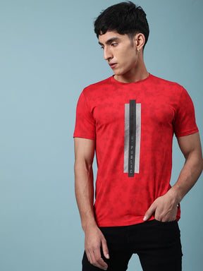 Men Red Alpha Printed Illusion T-Shirt