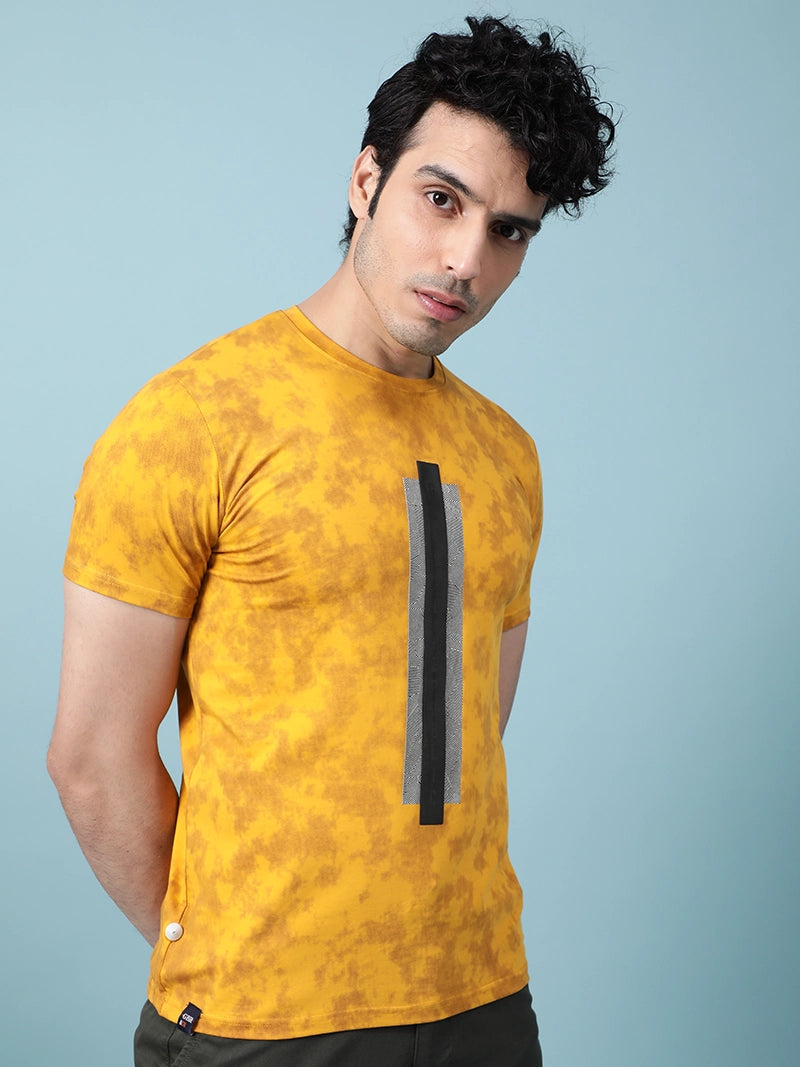 Men Mustard Alpha Printed Illusion T-Shirt