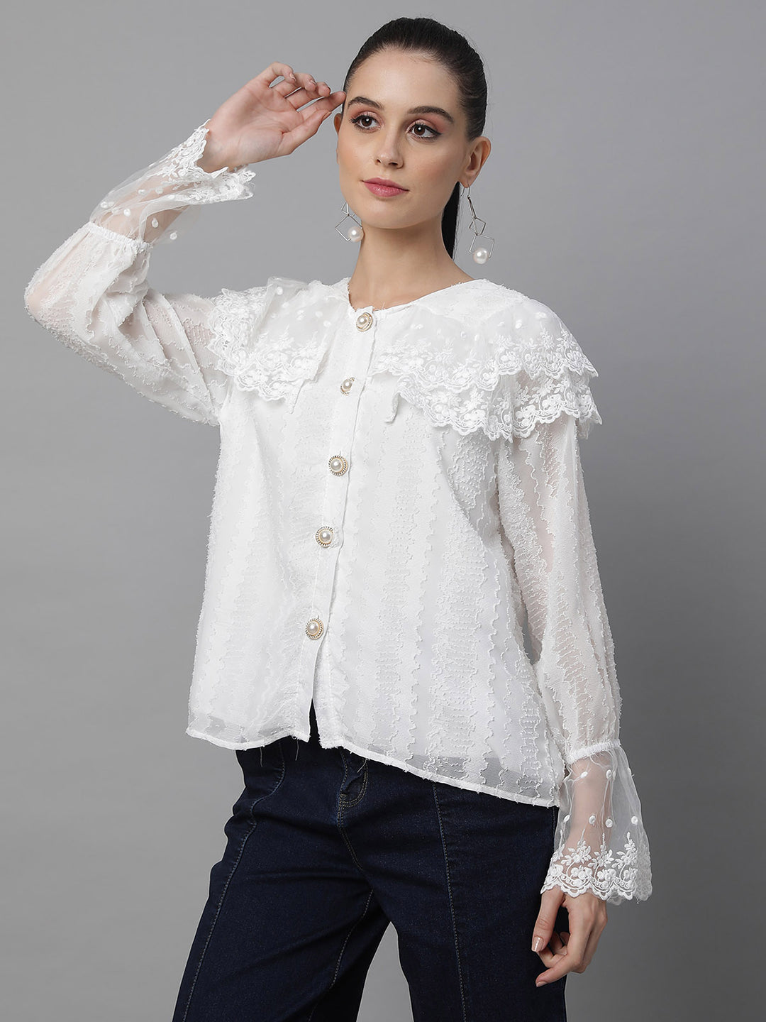 women white polyester embroidered shirt