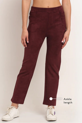 Ankle-Length Solid Maroon Suede Jegging