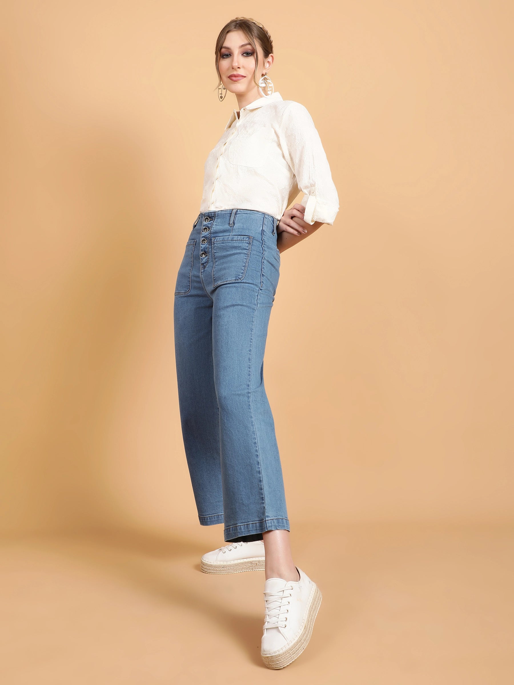 Women High Rise Cropped Length Blue Jeans