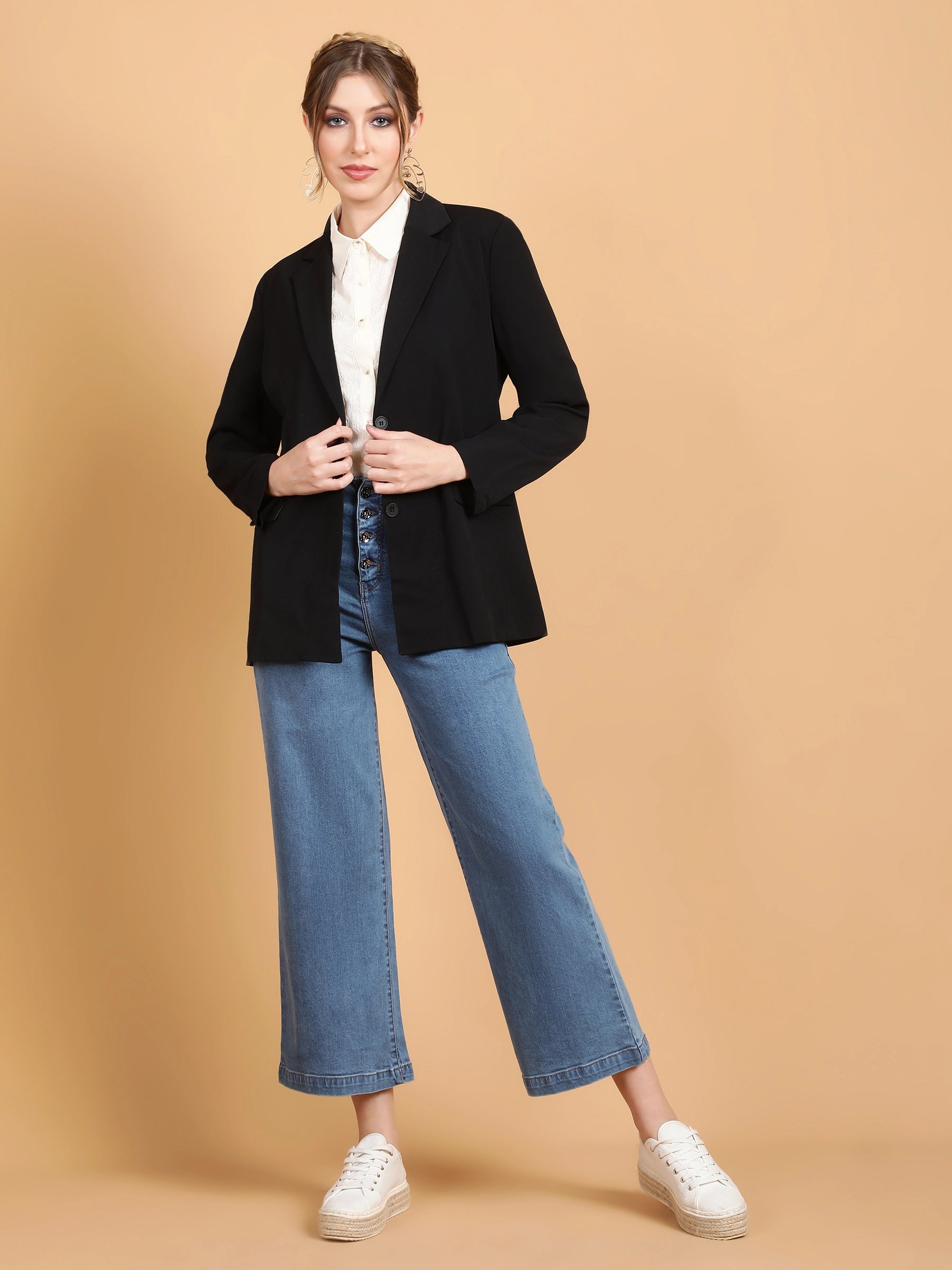 Women Black Notched Collar Cotton Formal Blazer