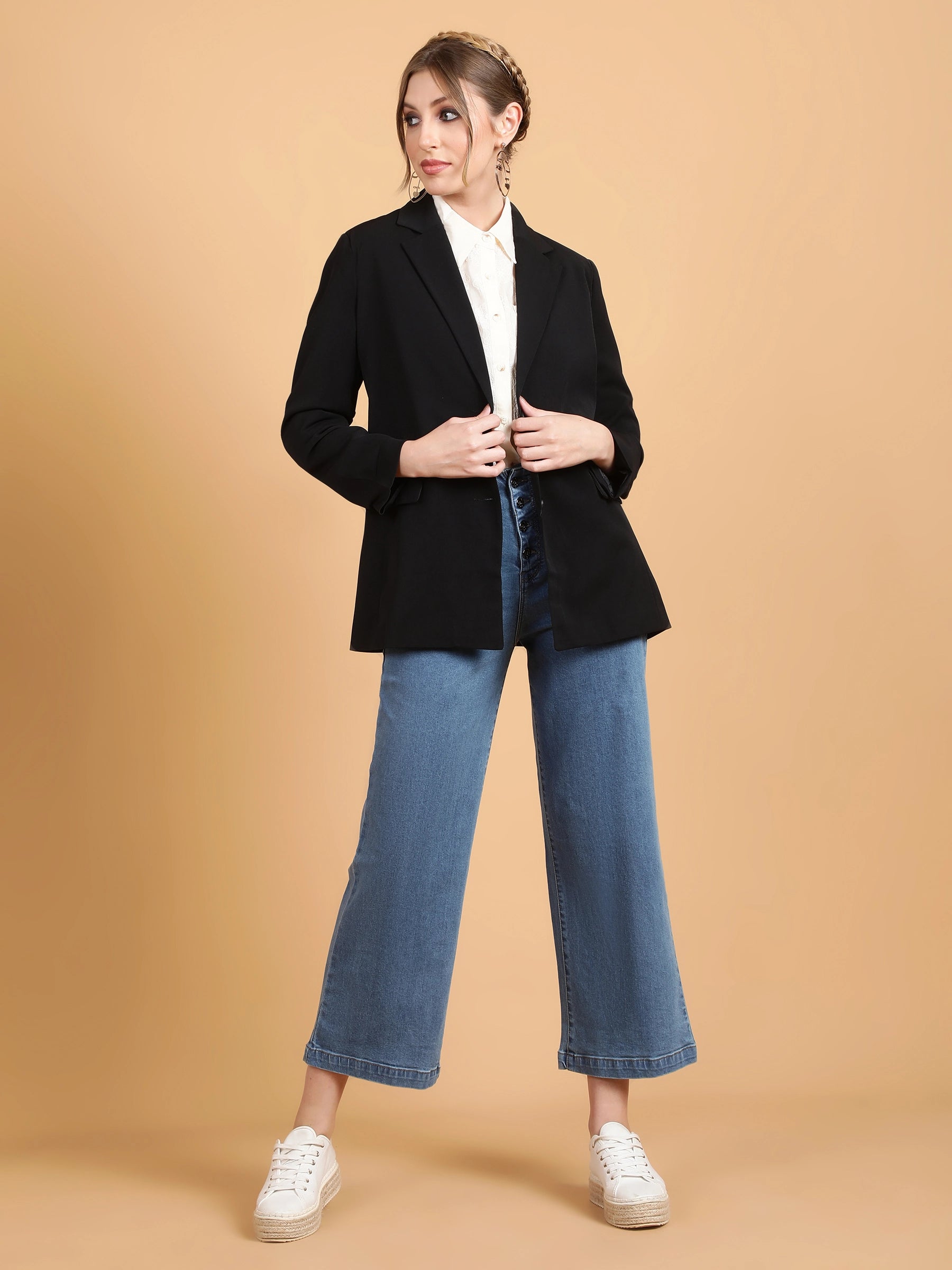 Women Black Notched Collar Cotton Formal Blazer