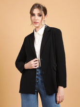 Women Black Notched Collar Cotton Formal Blazer