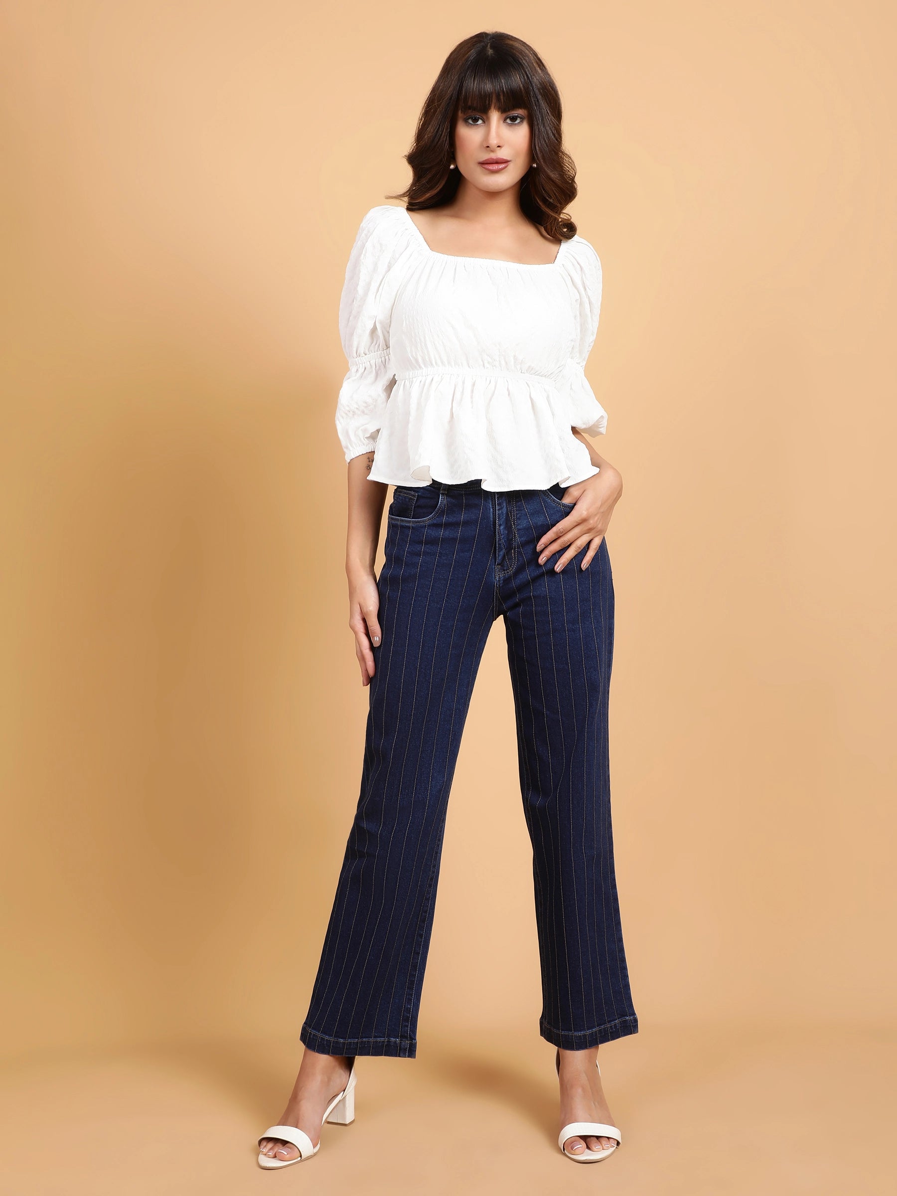 women dark blue high rise jeans