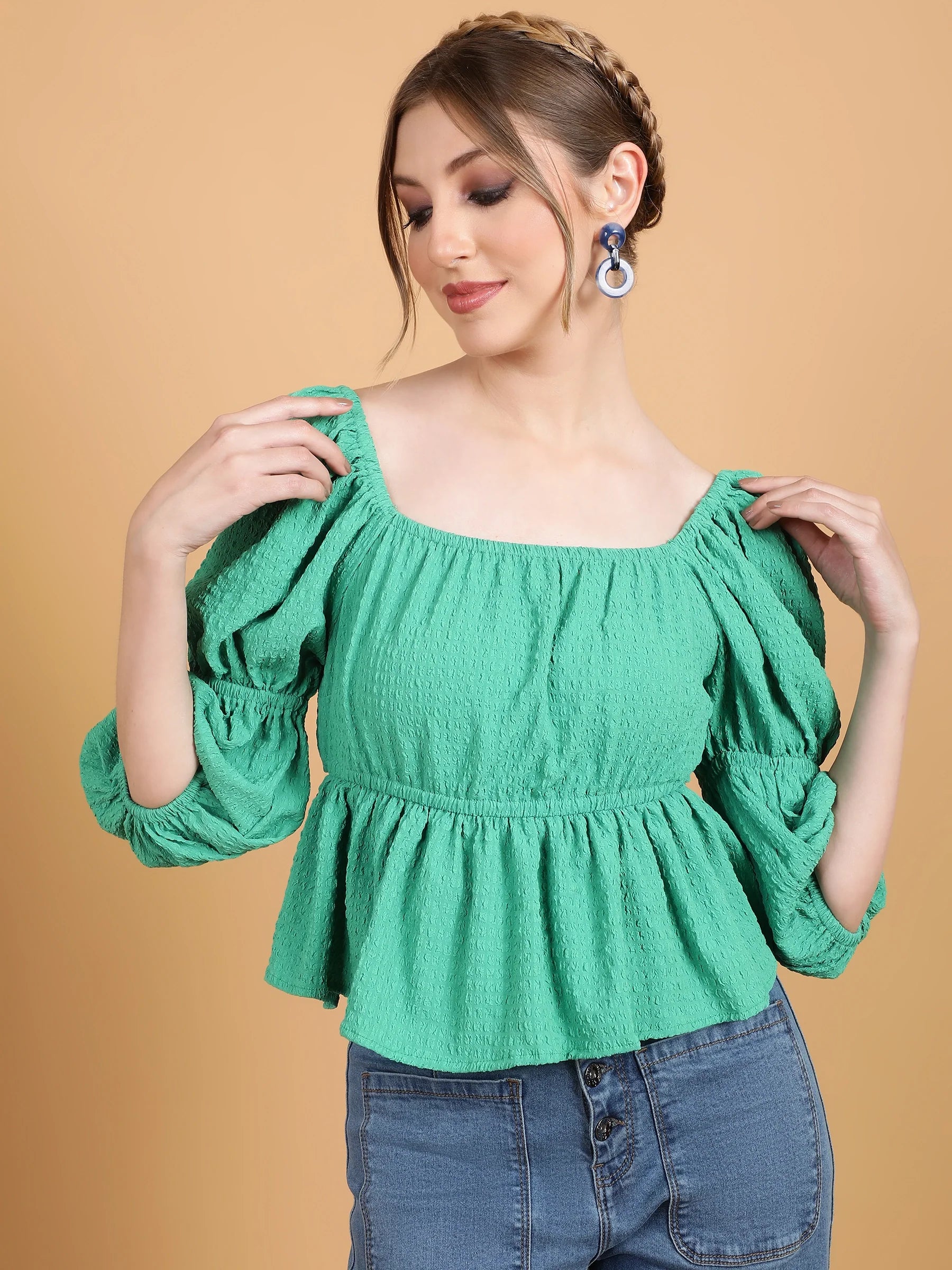 Green Off-Shoulder Peplum Top
