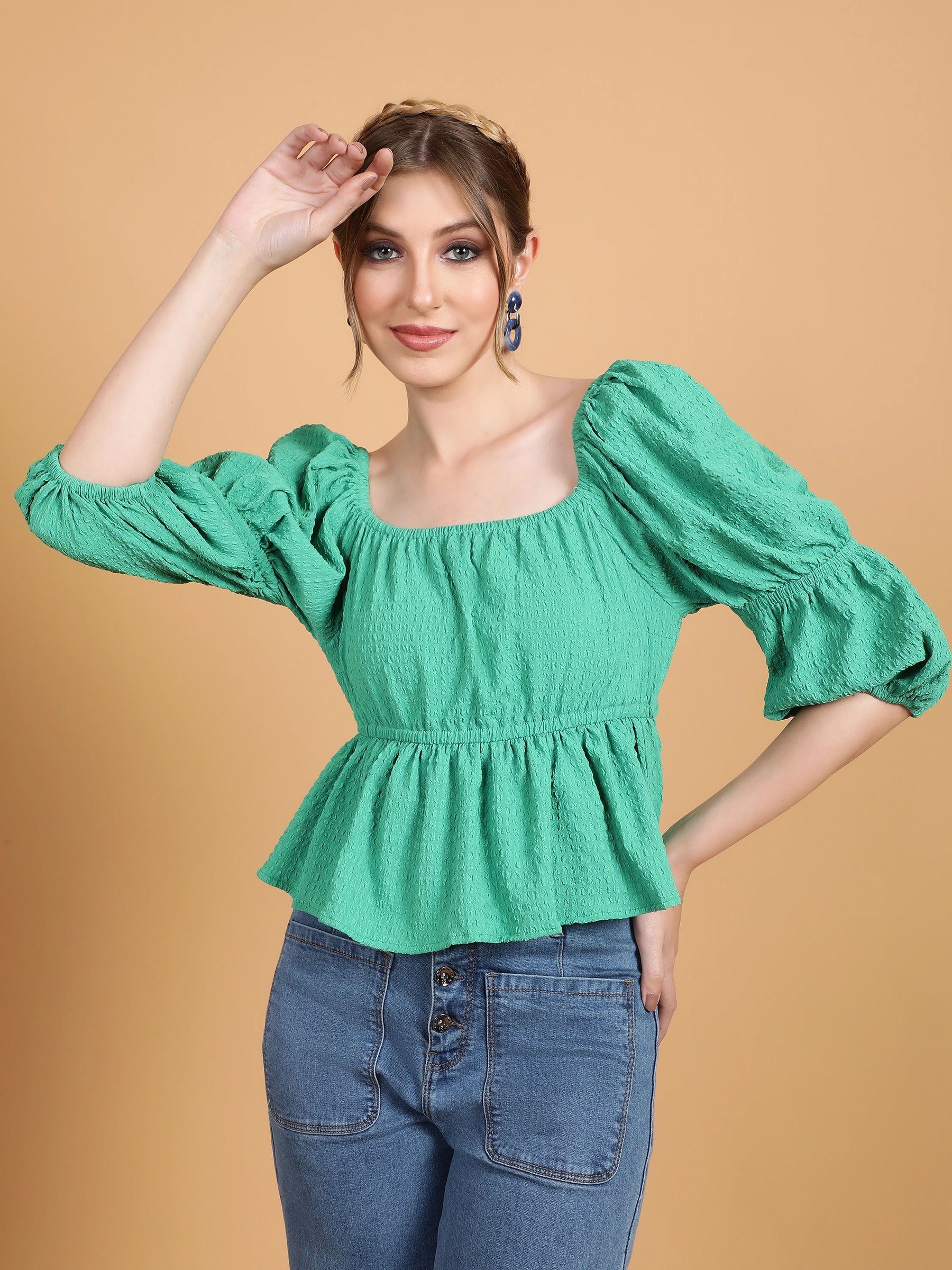 Women Sea Green Square Neck Bell Sleeves Peplum Top