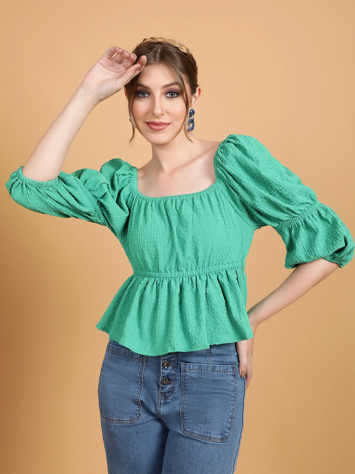 Women Square Neck Bell Sleeves Peplum Top