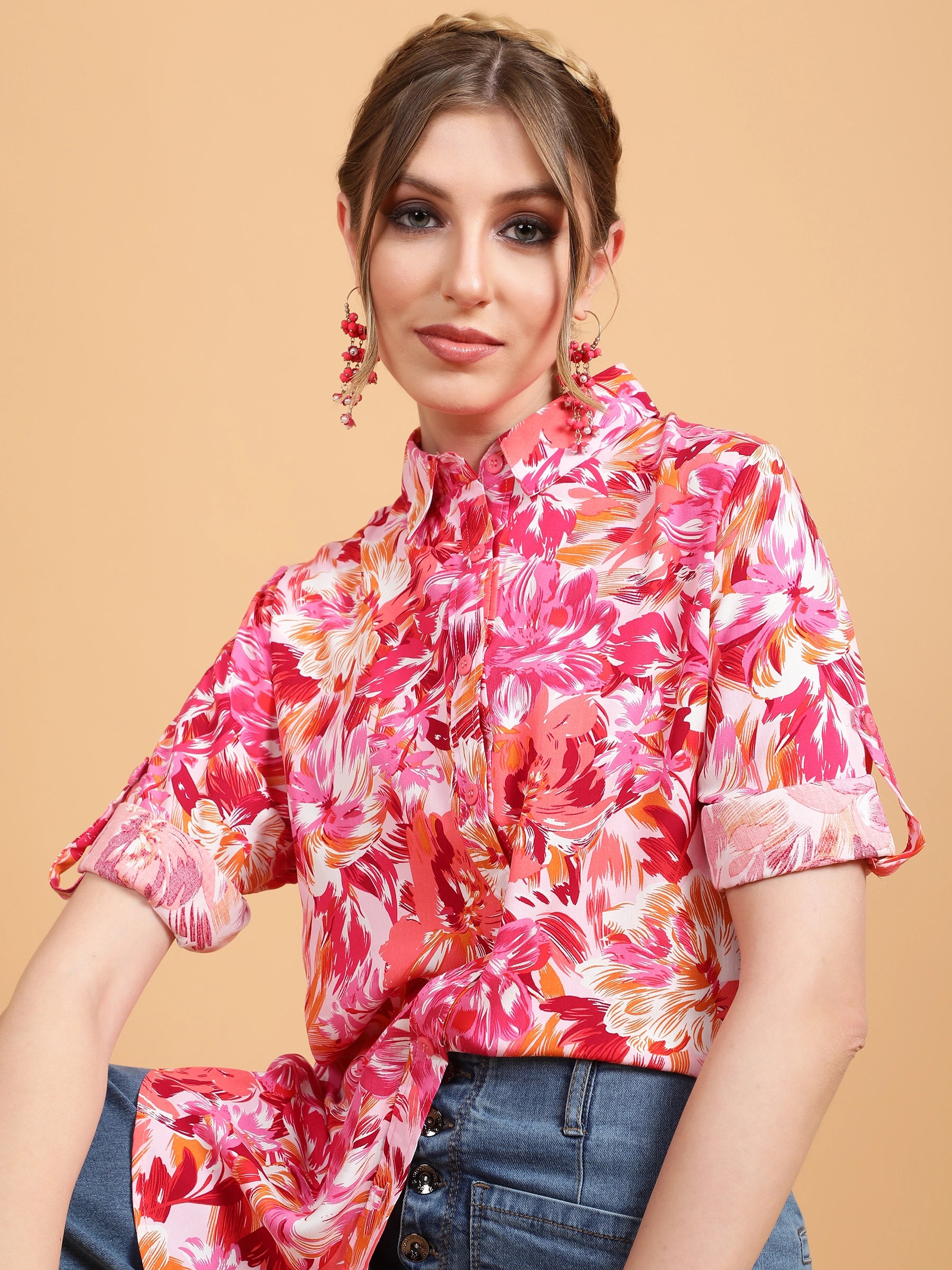 women hot pink multi floral printed shirt