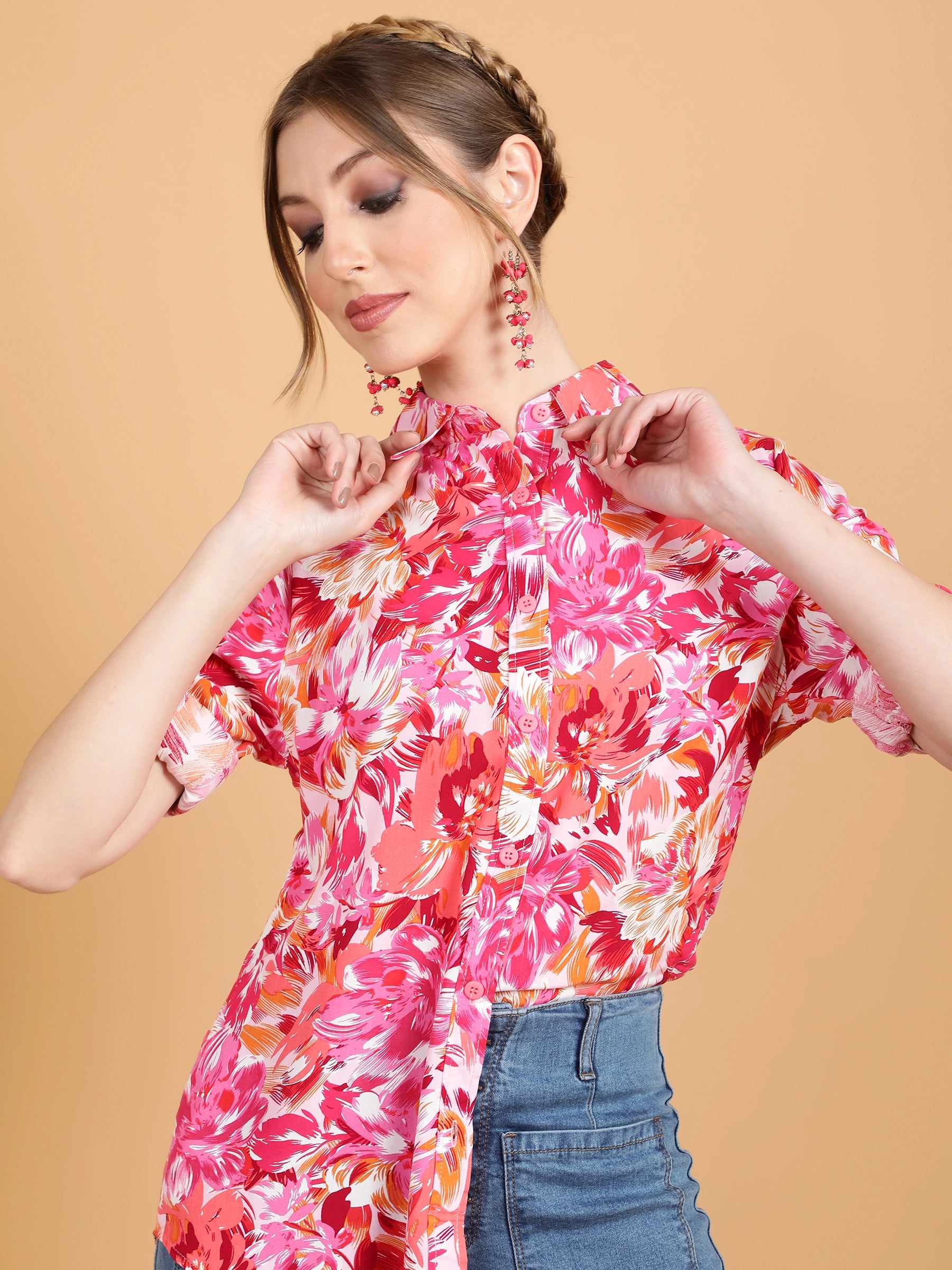 women hot pink multi floral printed shirt