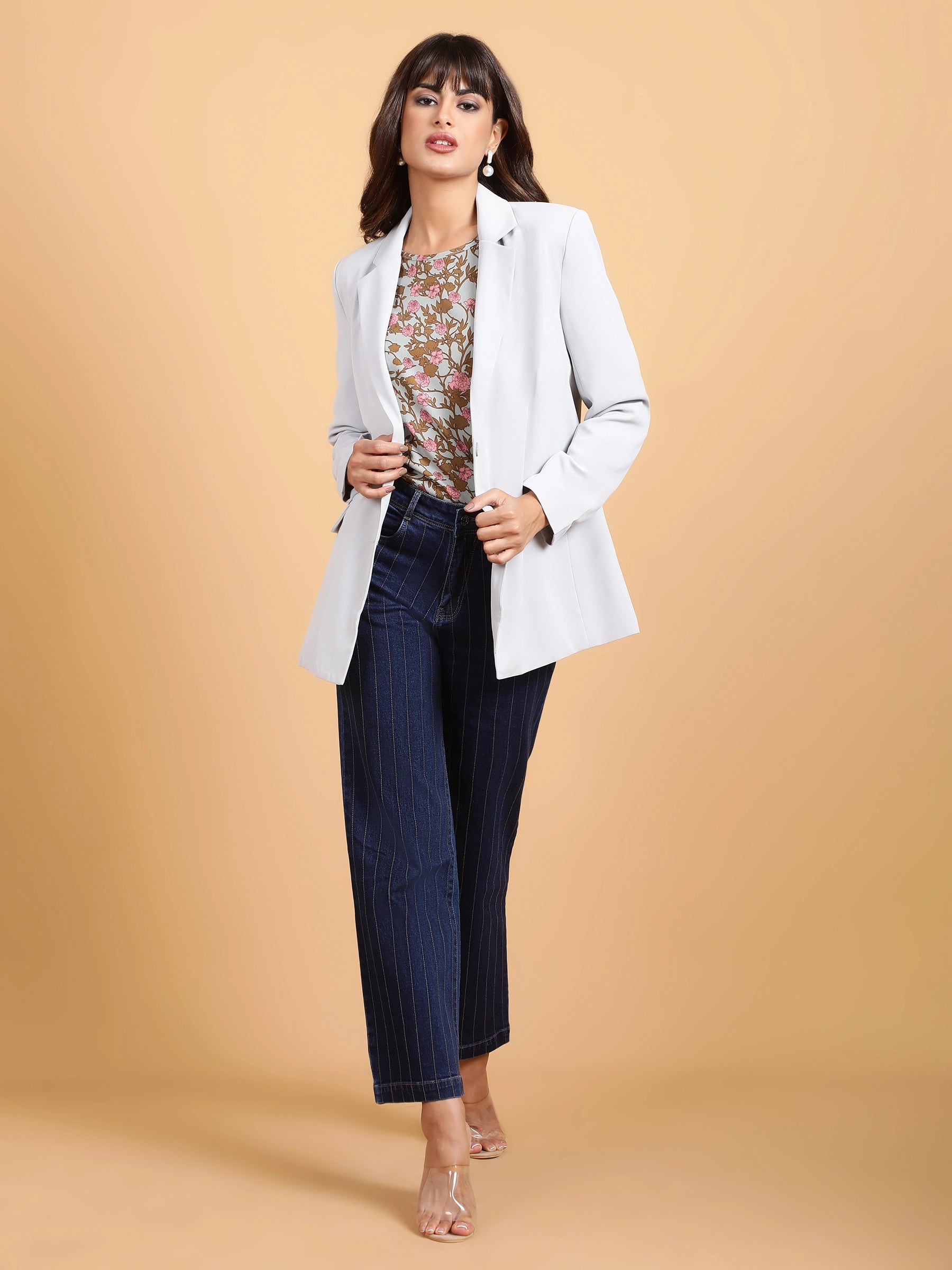 Women Grey Notched Collar Cotton Formal Coat