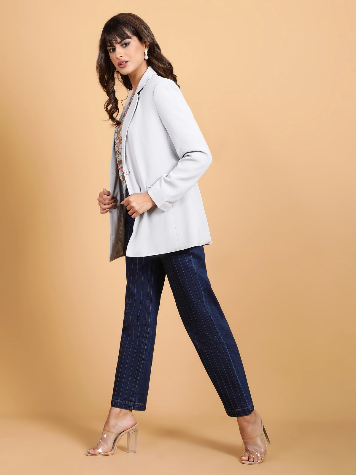 Women Grey Notched Collar Cotton Formal Coat