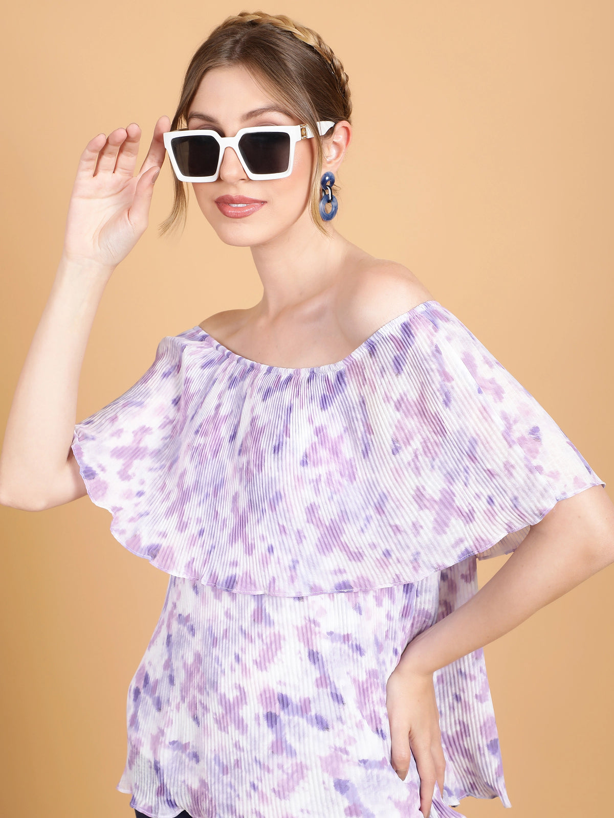 Women White & Purple A-Line Off Shoulder Top