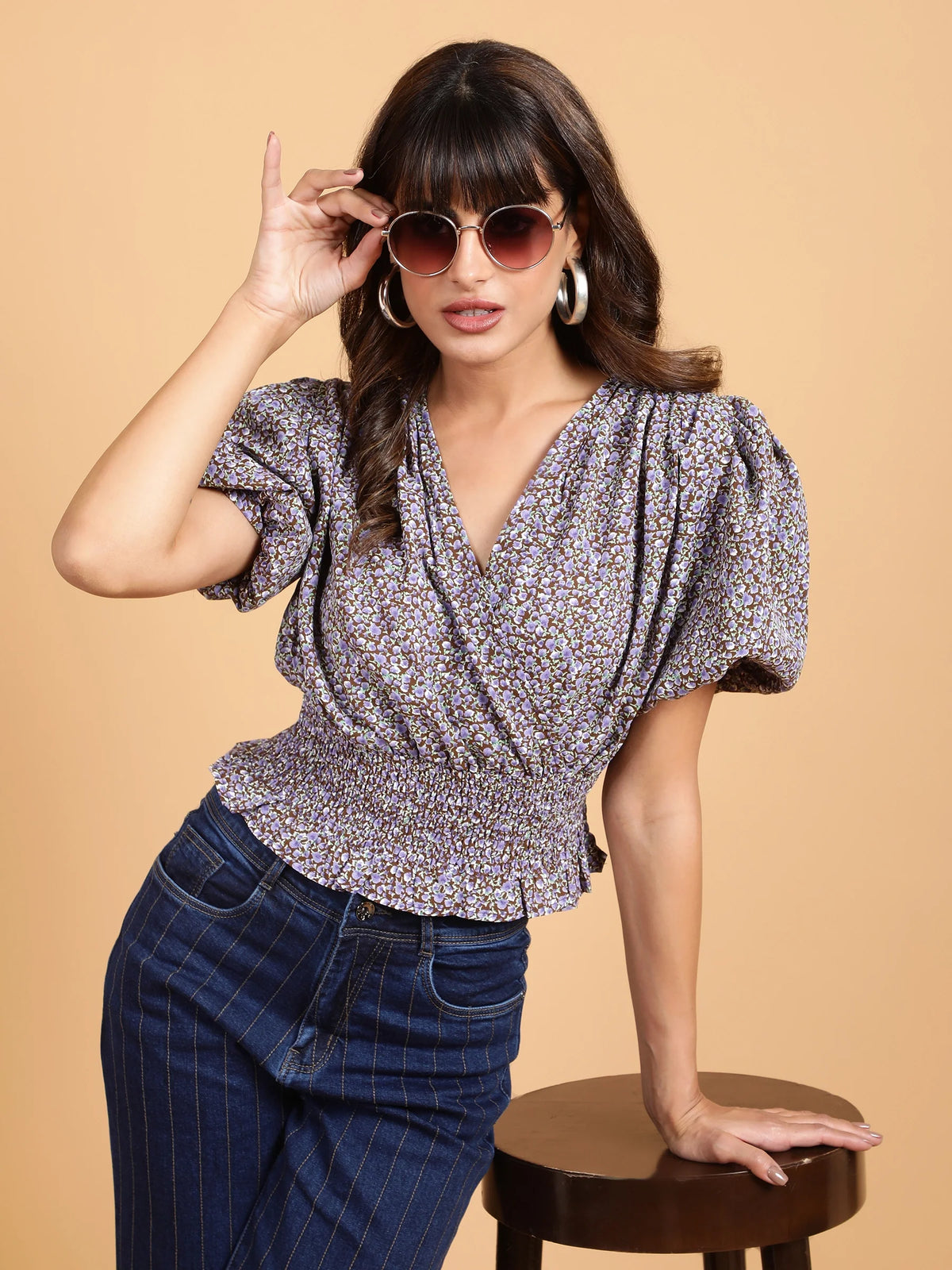 Women Elasticated Hem Floral Print Cropped Top