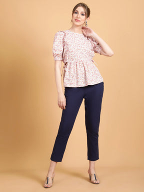 Women Pink & White Floral Peplum Top