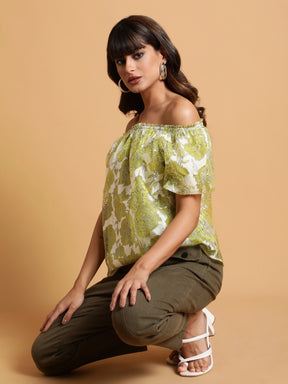Women Loose Fit Lime Net Floral Printed Top