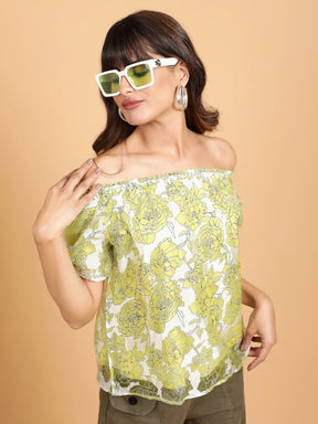 Net Floral Off-Shoulder Printed Top