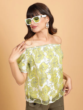 Women Loose Fit Lime Net Floral Printed Top