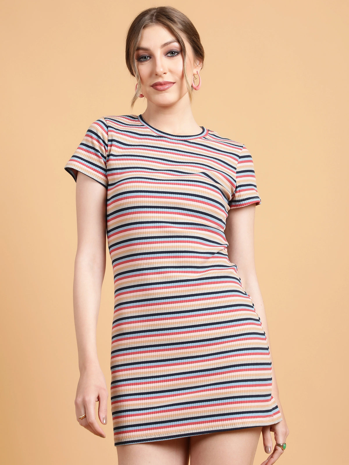 women multi color striped hosiery dress