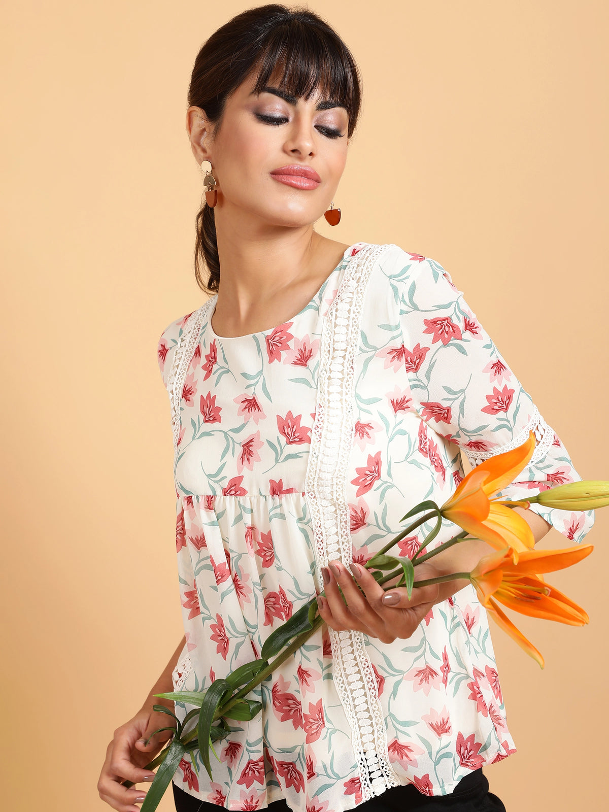 Women White Floral Printed Flared Fit Top
