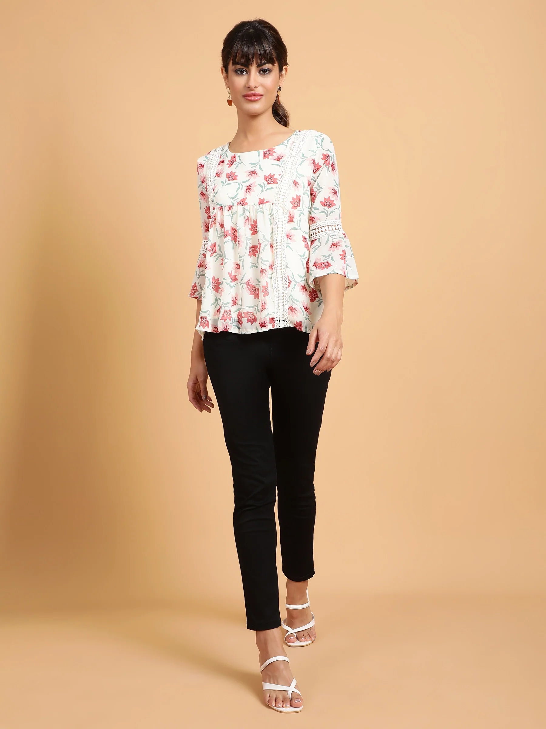 Women Flared Fit Bell Sleeves Florals Printed Blouson Top