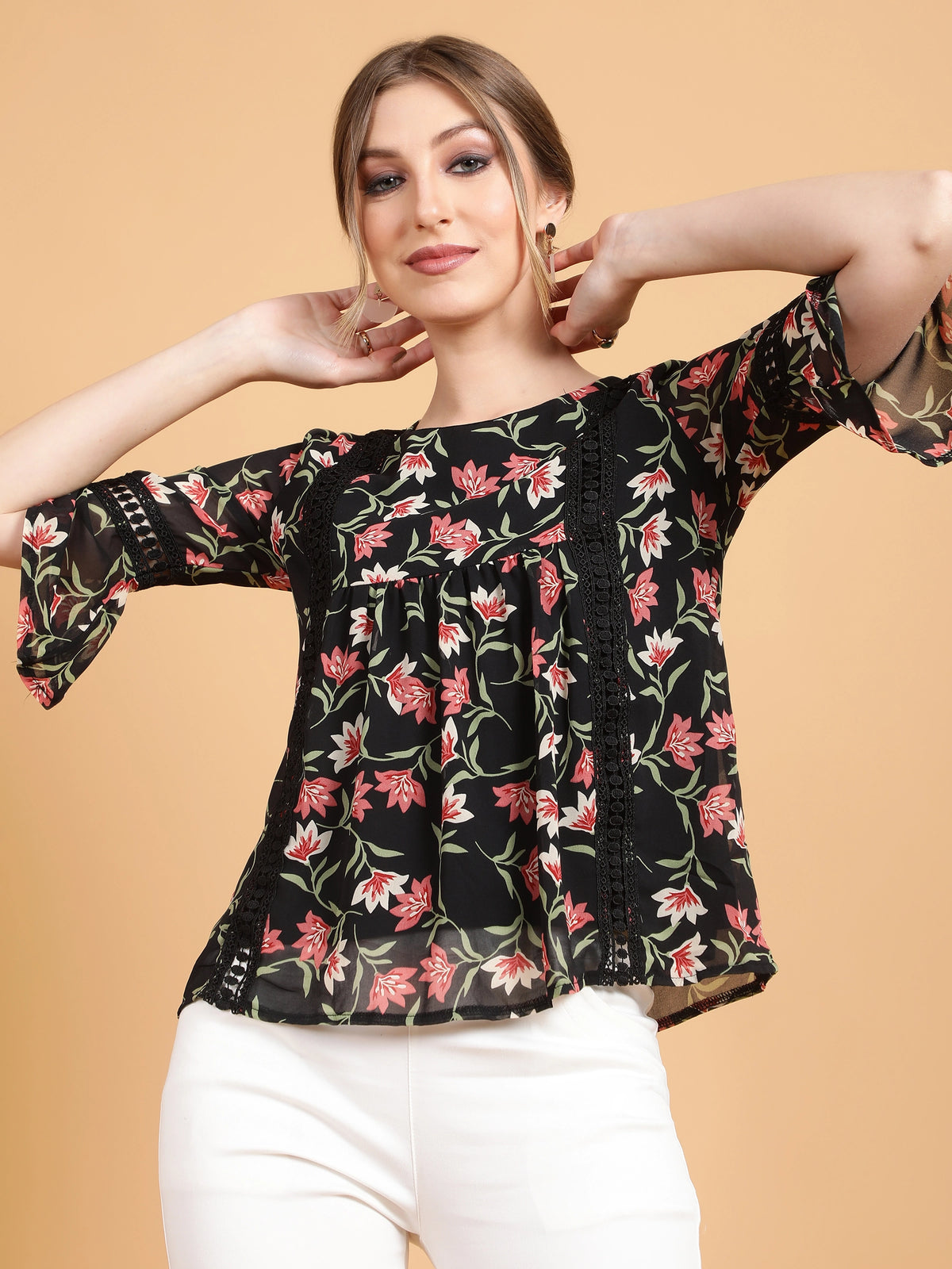 Women Flared Fit Bell Sleeves Black Florals Printed Blouse