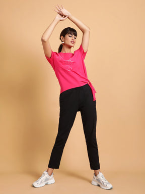 Women Hot-Pink Regular Fit Embellished T-Shirt