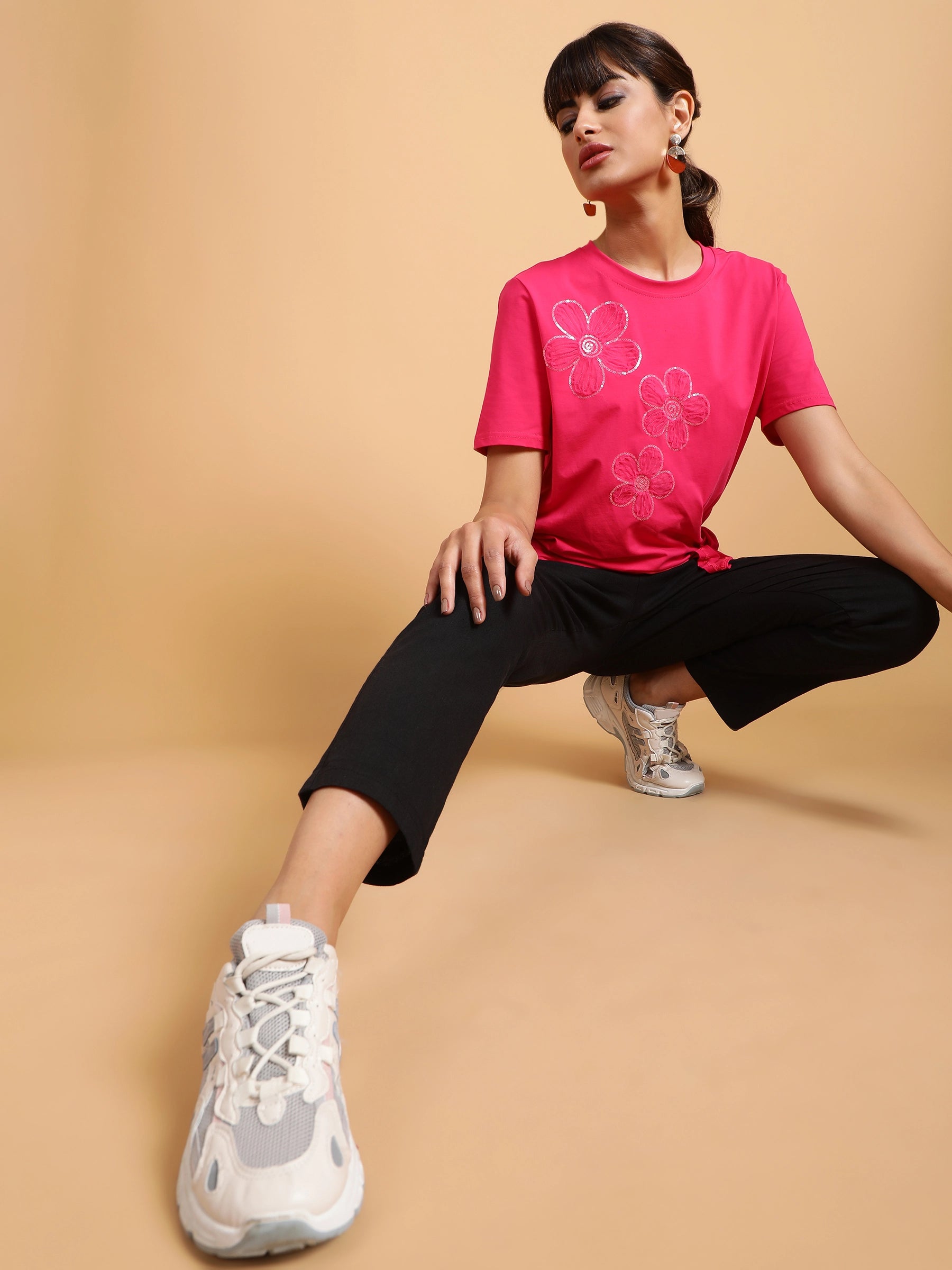 Women Hot-Pink Regular Fit Embellished T-Shirt
