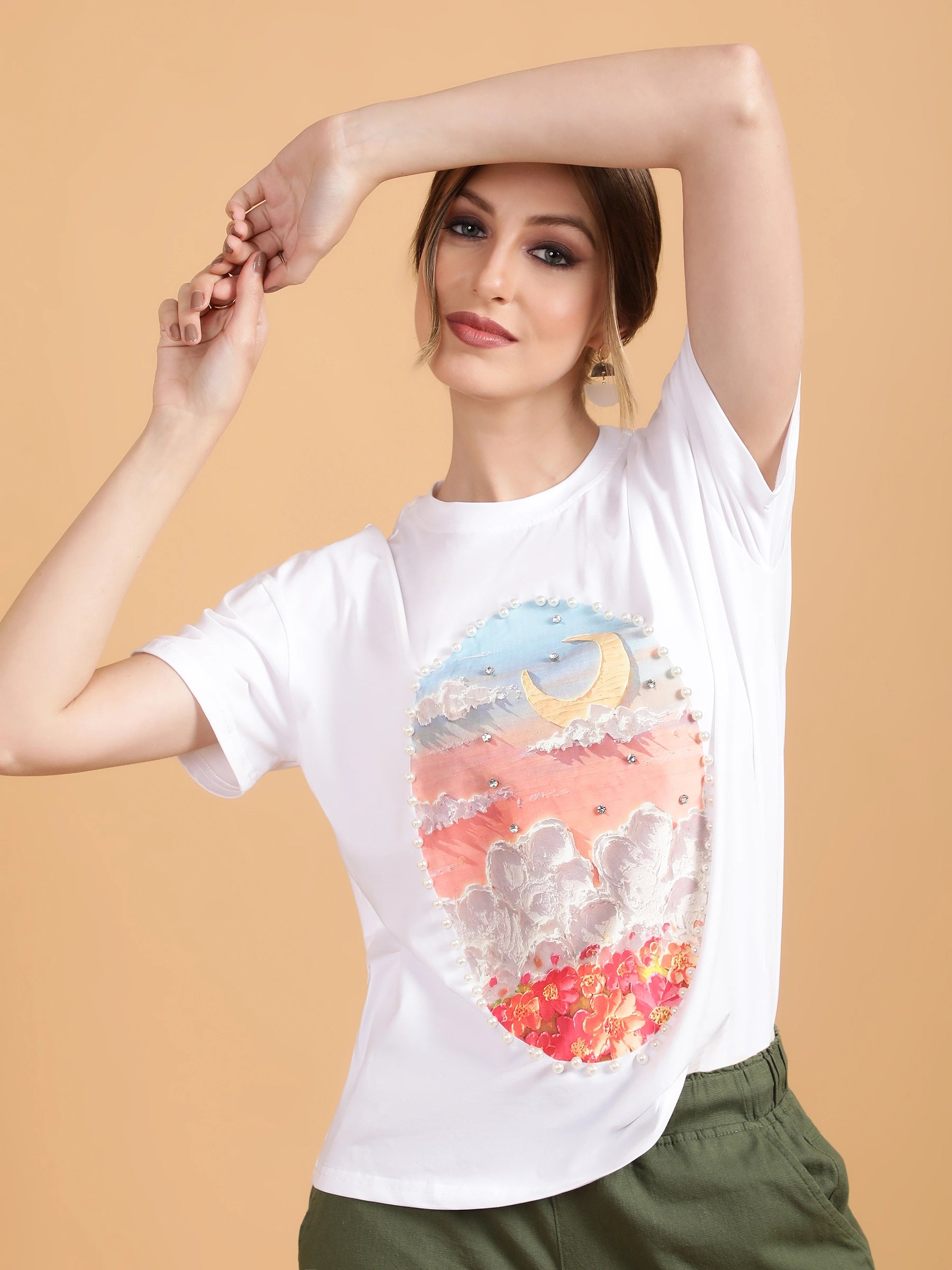 Women White Regular Fit Embellished T-Shirt