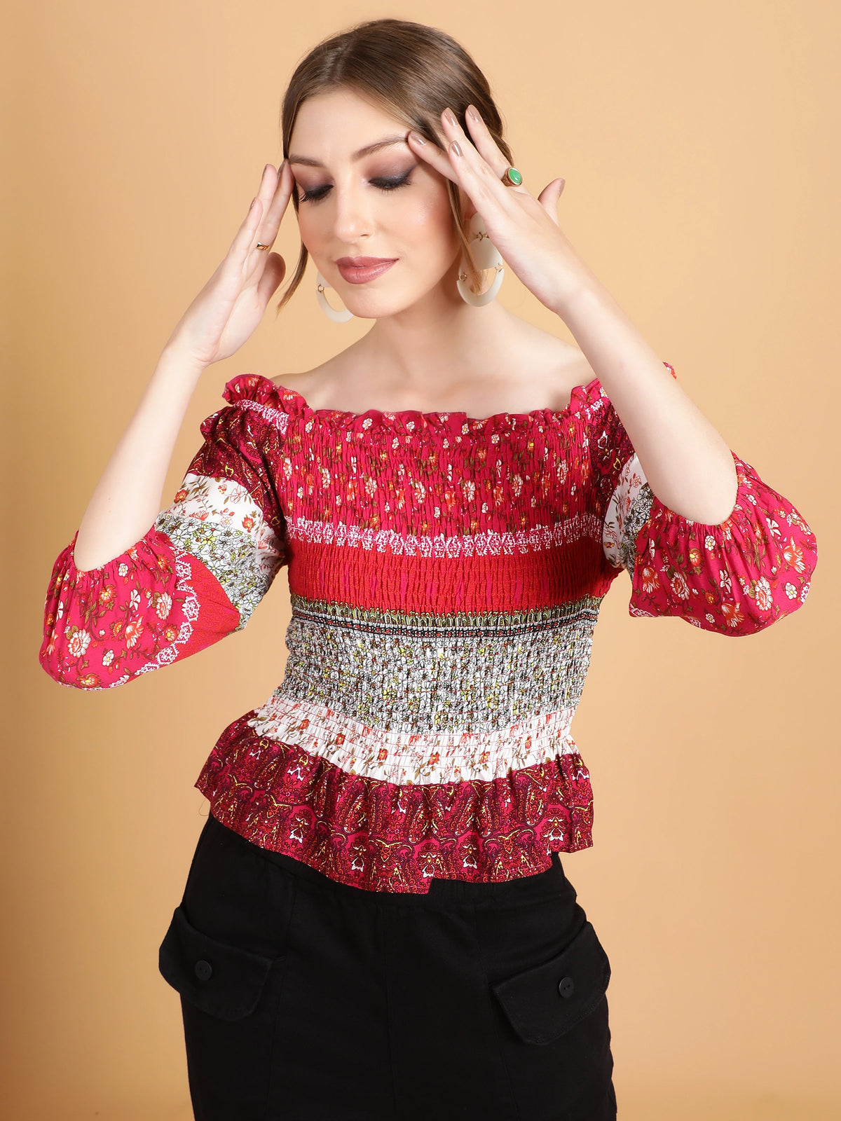 Red Smocked Off-Shoulder Top