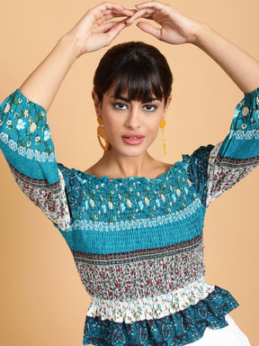 Women Teal Snug Fit Boat Neck Floral Print Top