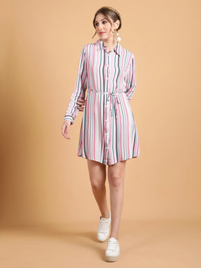 Women Straight Fit Pink & Multi Color Vertical Lines Tunic