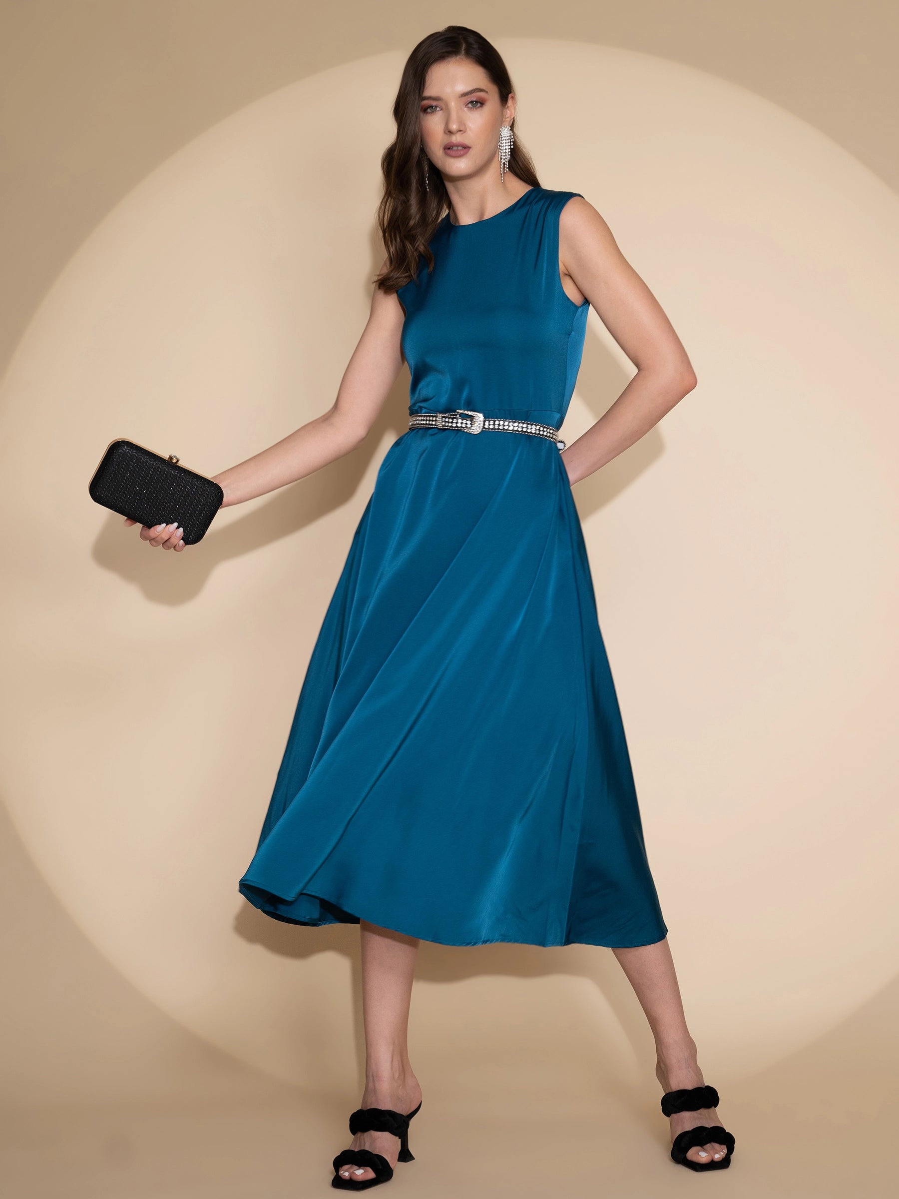 women teal round neck solid dress