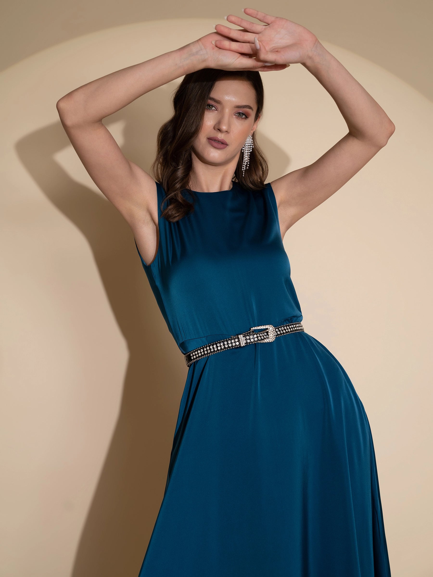 women teal round neck solid dress