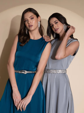 women grey round neck solid dress
