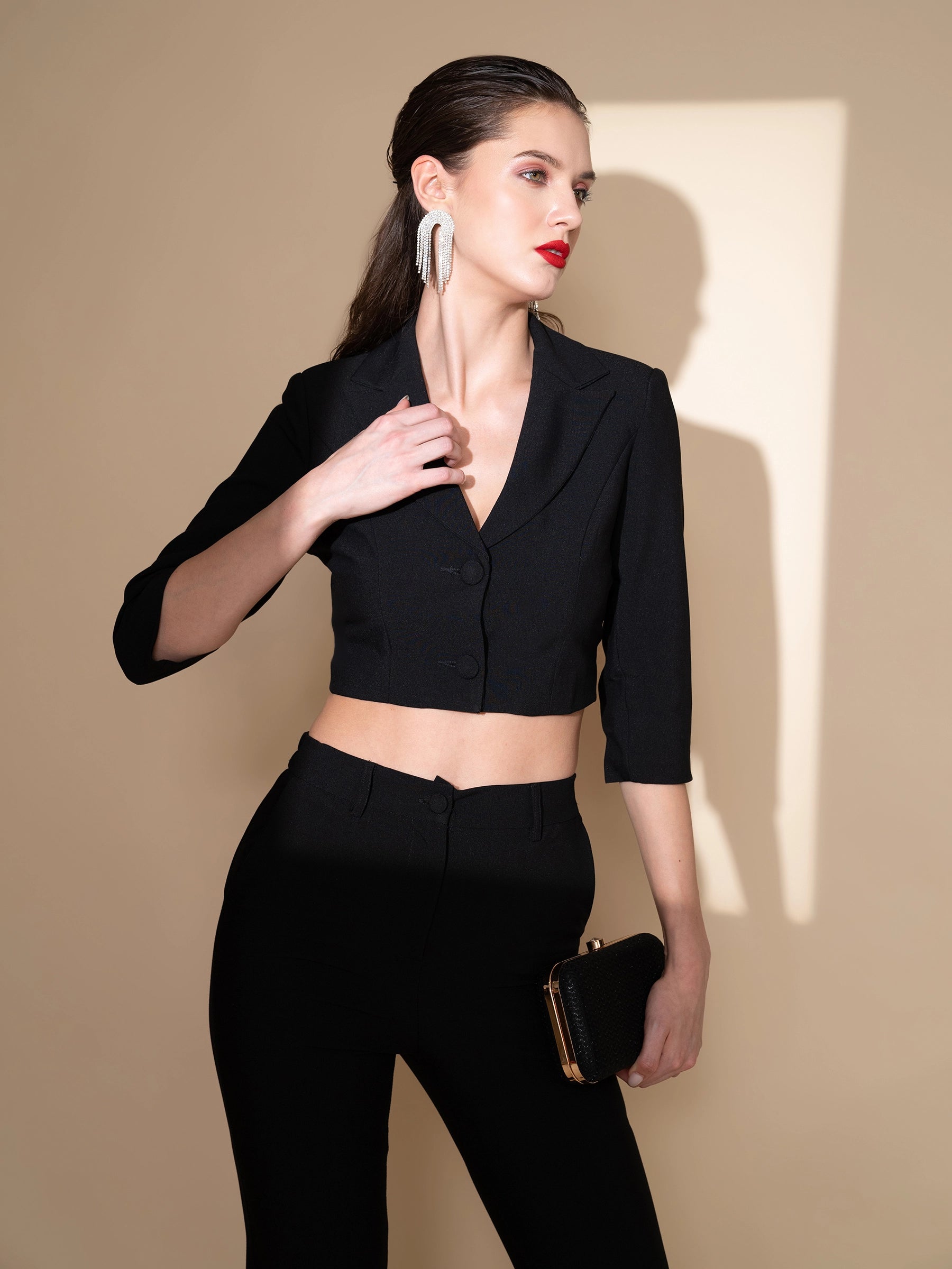 Women V-Neck Cropped Black Co-ord Set