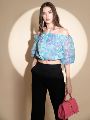 Women Off-Shoulder Aqua Printed Cropped  Blouse Top