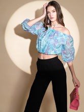 Women Off-Shoulder Aqua Printed Cropped  Blouse Top