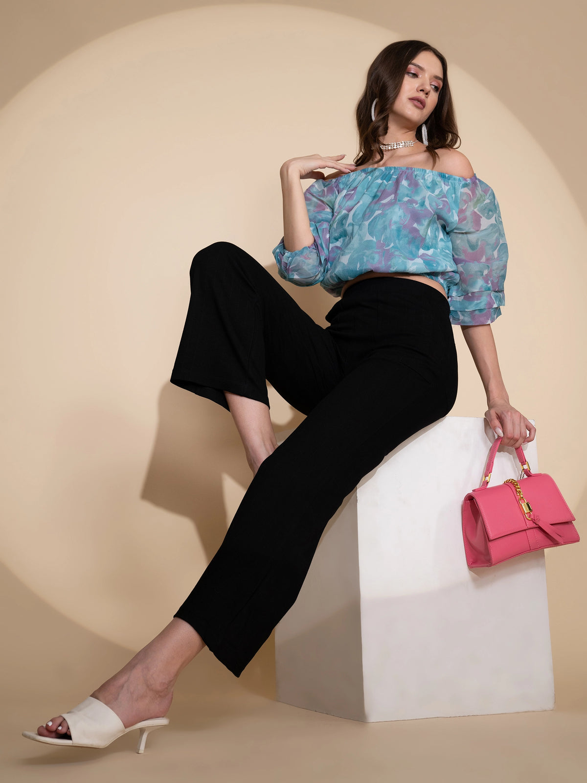 Women Off-Shoulder Aqua Printed Cropped  Blouse Top