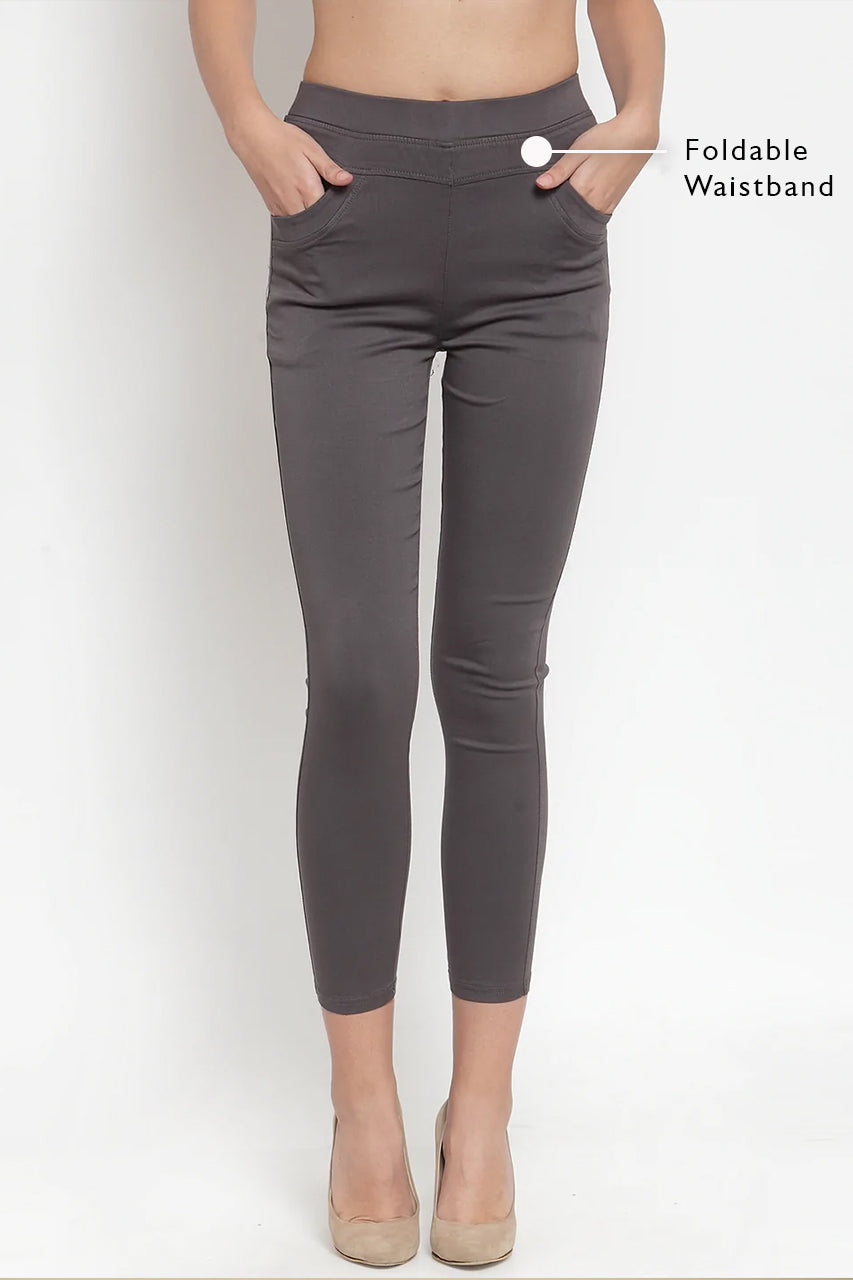 Buy Women Mid-Rise Grey Ankle Length Stretchable Jegging - Global Republic