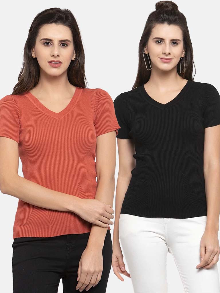 Women Solid Tan and Black Viscose Combo of 2 Tops