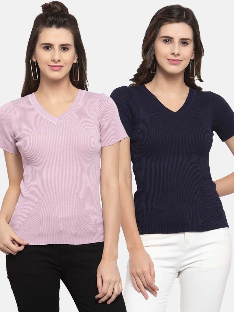 Women Solid Pink and Navy Blue Viscose Combo of 2 Tops