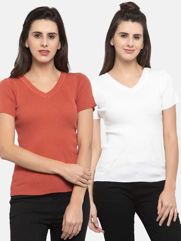 Women Solid Tan and White Viscose Combo of 2 Tops