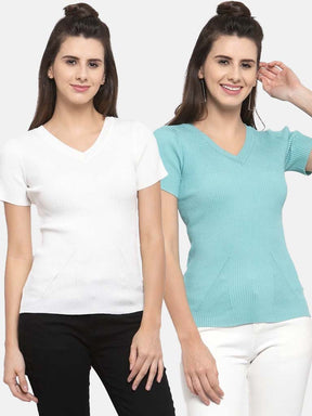 Women Solid Off White and Teal Viscose Combo of 2 Tops