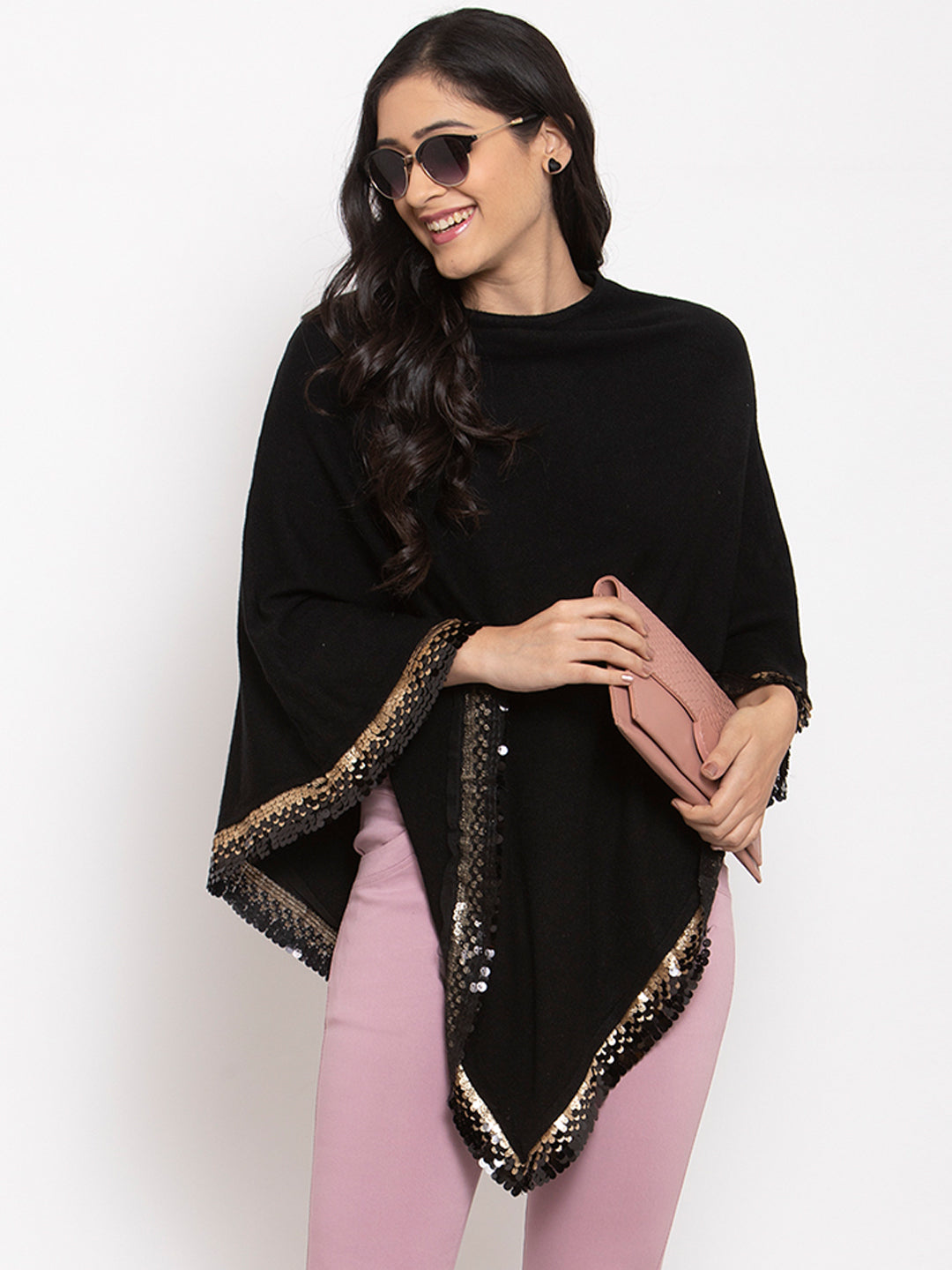 Women Black Round Neck Loose Fit Ponchu