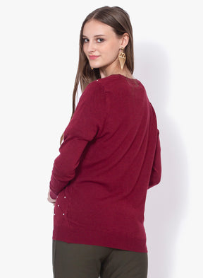 Women Solid Maroon Cardigan With Pearls